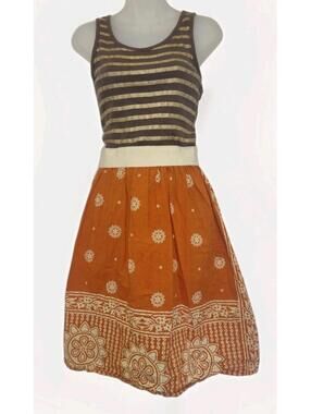 VTG 1970s Handmade Boho Dress Lurex Knit Top Indian Print Skirt Small Medium